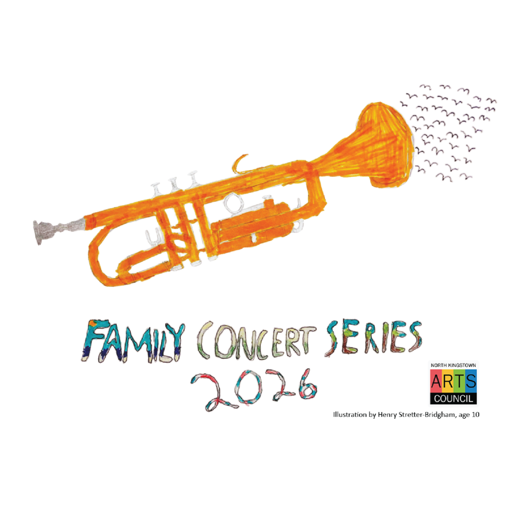 illustration of trumpet with handmade text reading 'family concert series'