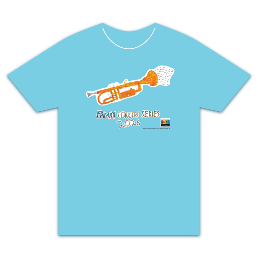 a light blue t-shirt with a a drawing of a trumpet