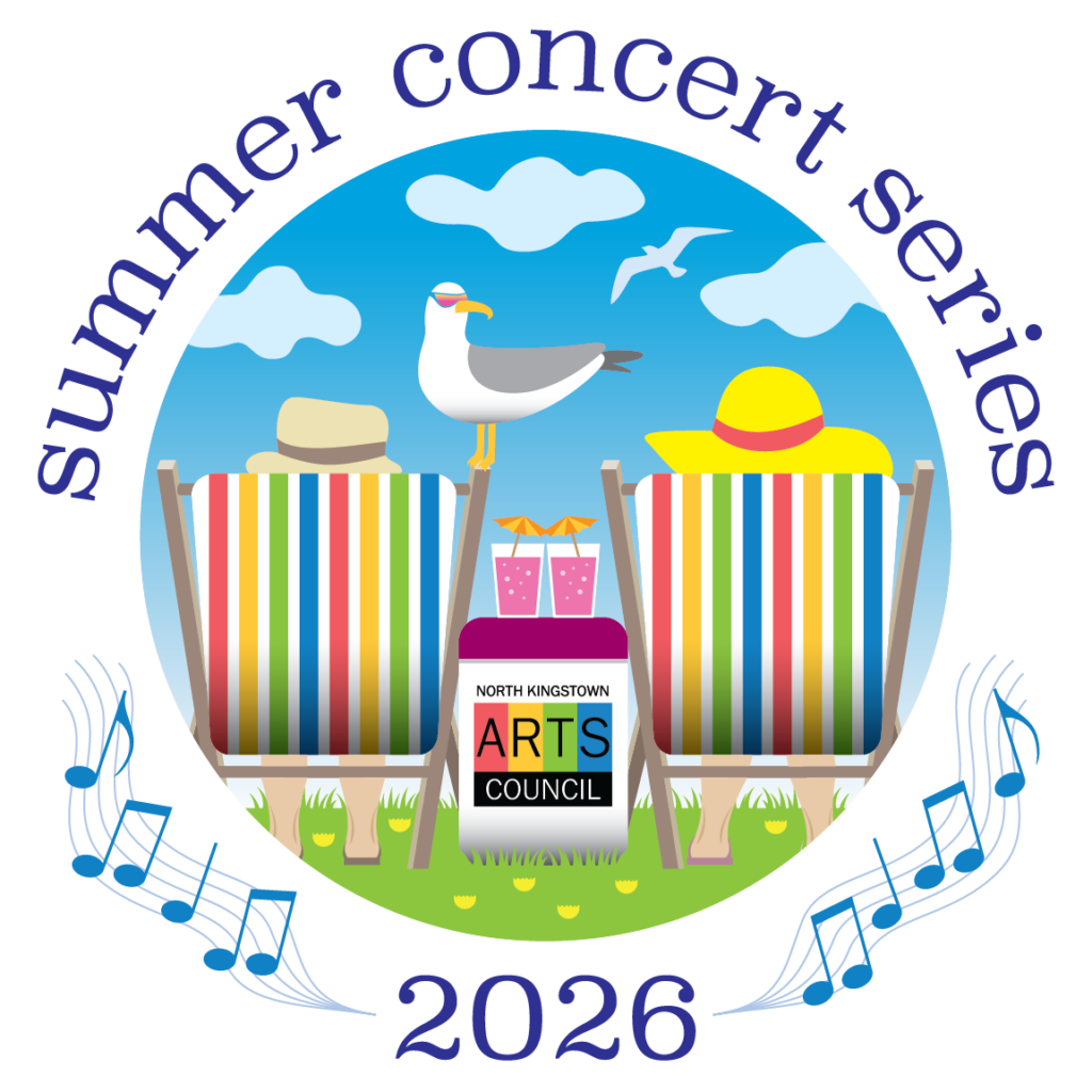 summer concert design featuring two people in beach chairs. a seagull wearing sunglasses sits on one chair. the design is circled by 'summer concert series 2026' text and music notes