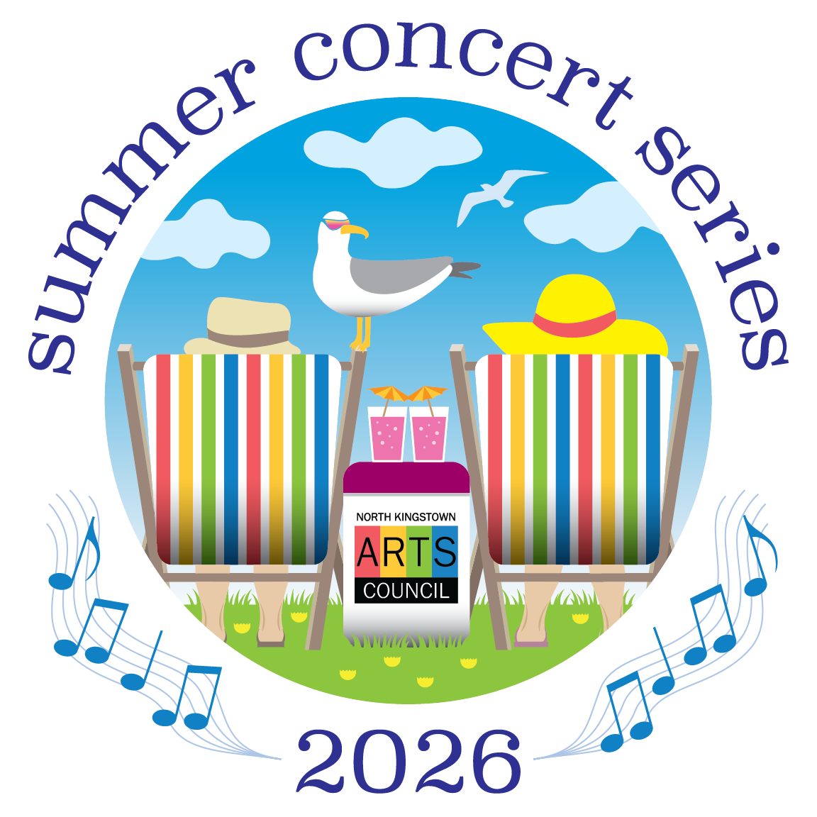 summer concert design featuring two people in beach chairs. a seagull wearing sunglasses sits on one chair. the design is circled by 'summer concert series 2026' text and music notes